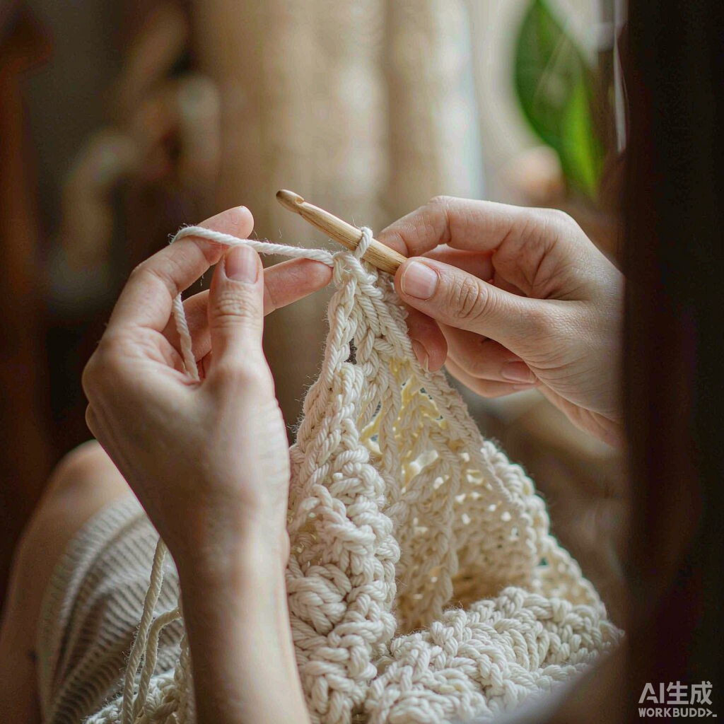 Hands crocheting a cream sweater with a wooden hook